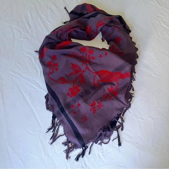 Leigh & Luca - Wrap / Scarf - Cotton and Silk w/ Velvet Flock Bird Flora Motif - Picture 1 of 9